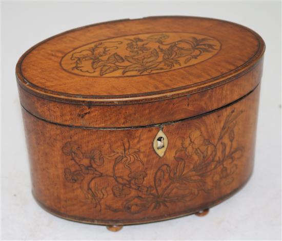A George III marquetry inlaid satinwood tea caddy, 8in.